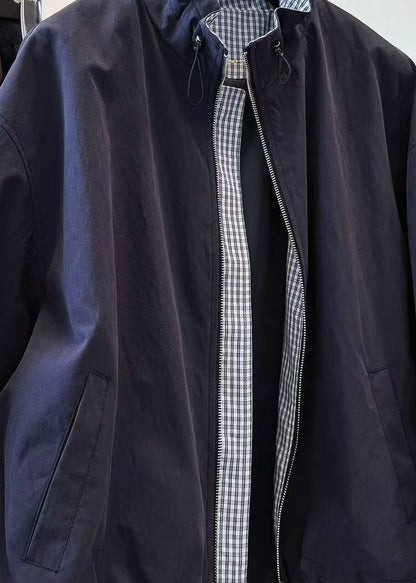 Fine Navy Stand Collar Drawstring Patchwork Plaid Jacket Fall