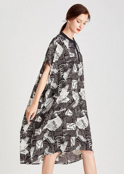 Fine Newspaper Print low High Design Button Pockets Summer Maxi Dresses - SooLinen