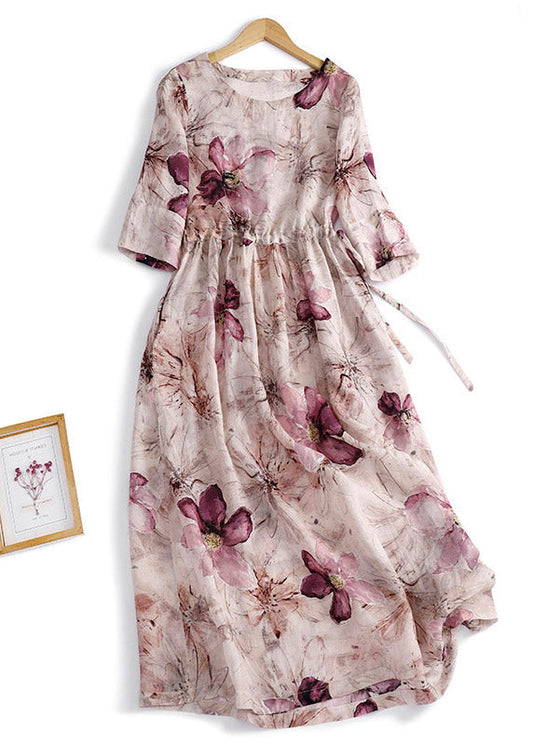 Vestido largo de verano de lino arrugado con estampado de cuello redondo fino