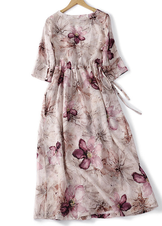 Vestido largo de verano de lino arrugado con estampado de cuello redondo fino