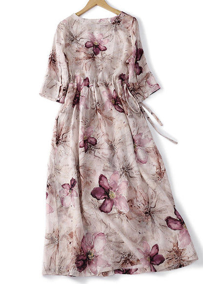 Vestido largo de verano de lino arrugado con estampado de cuello redondo fino