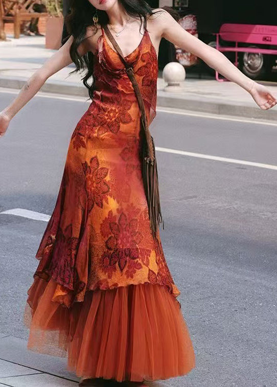 Fine Orange Asymmetrical Print Chiffon Dress And Tulle Skirts Two Pieces Set Summer