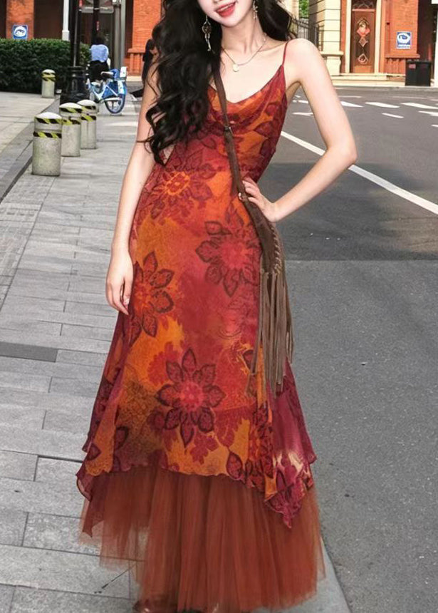 Fine Orange Asymmetrical Print Chiffon Dress And Tulle Skirts Two Pieces Set Summer