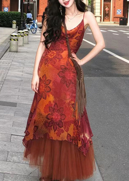 Fine Orange Asymmetrical Print Chiffon Dress And Tulle Skirts Two Pieces Set Summer