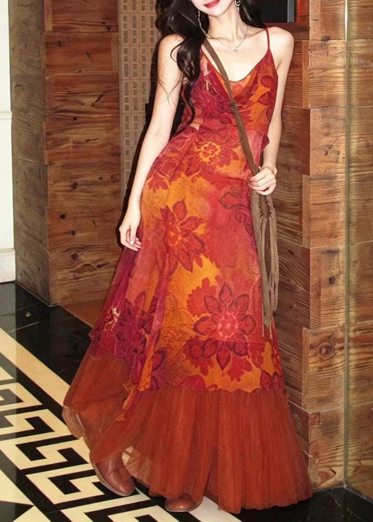 Fine Orange Asymmetrical Print Chiffon Dress And Tulle Skirts Two Pieces Set Summer