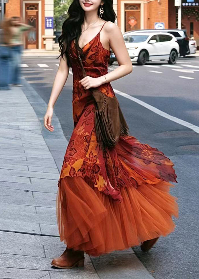 Fine Orange Asymmetrical Print Chiffon Dress And Tulle Skirts Two Pieces Set Summer