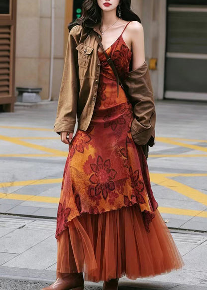 Fine Orange Asymmetrical Print Chiffon Dress And Tulle Skirts Two Pieces Set Summer