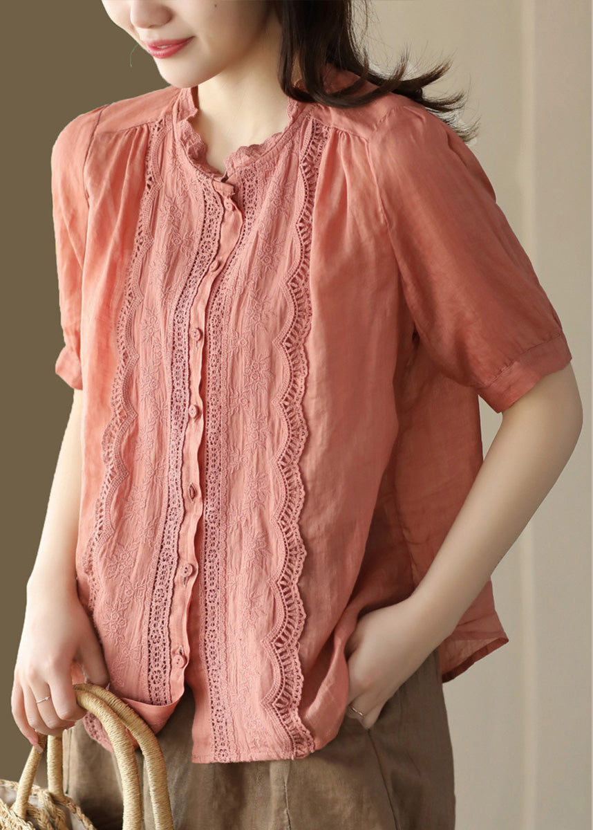 Feine orange O-Ausschnitt Patchwork Hollow Out Button Ramie Shirts Kurzarm
