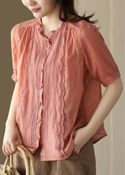 Feine orange O-Ausschnitt Patchwork Hollow Out Button Ramie Shirts Kurzarm