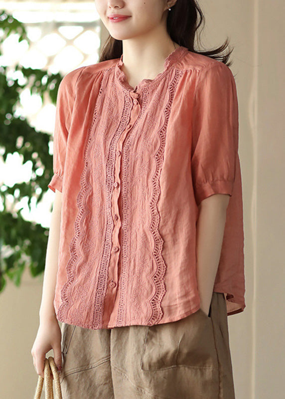 Feine orange O-Ausschnitt Patchwork Hollow Out Button Ramie Shirts Kurzarm