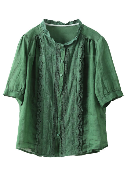 Feine orange O-Ausschnitt Patchwork Hollow Out Button Ramie Shirts Kurzarm