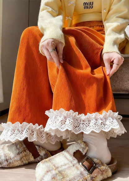 Fine Orange Oversized Lace Patchwork Corduroy Pants Winter