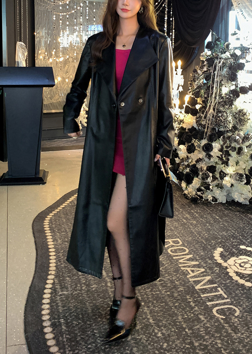 Feiner, orangefarbener, übergroßer, warmer Trenchcoat aus Fleece und Kunstleder für den Winter