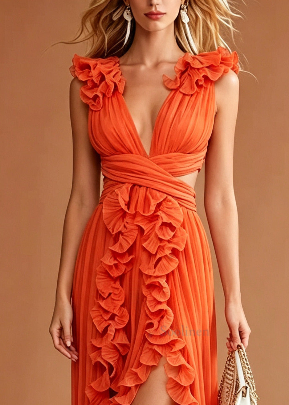 Fine Orange Ruffled Side Open Chiffon Ankle Dress Summer