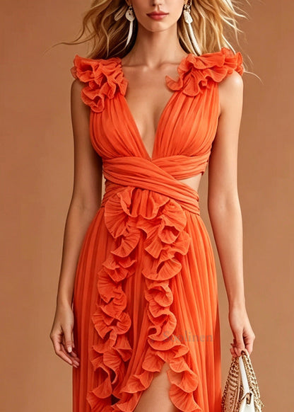 Fine Orange Ruffled Side Open Chiffon Ankle Dress Summer