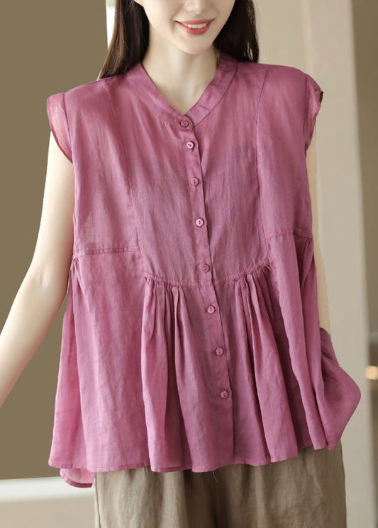 Camisas de ramio con botones arrugados y patchwork de cuello alto en color naranja fino para verano