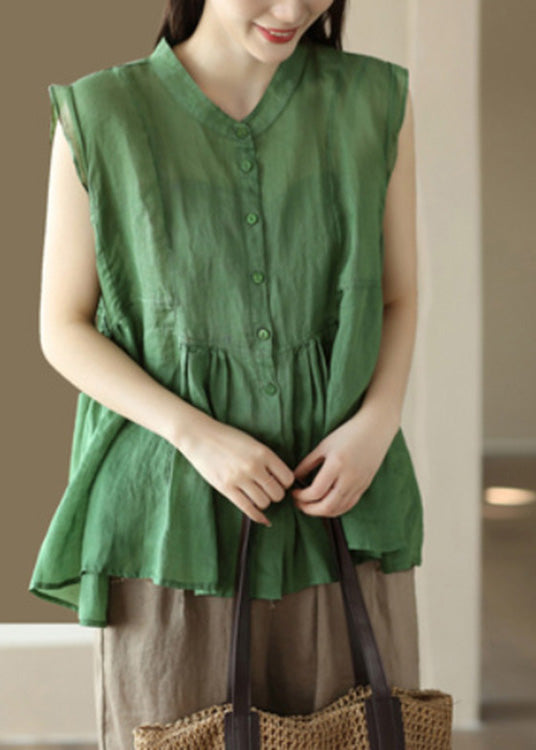 Camisas de ramio con botones arrugados y patchwork de cuello alto en color naranja fino para verano