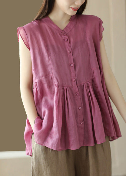 Camisas de ramio con botones arrugados y patchwork de cuello alto en color naranja fino para verano