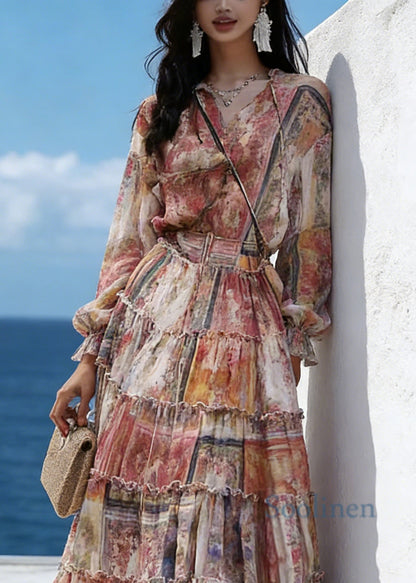 Fine Orange V Neck Print Tunic Chiffon Long Dresses Lantern Sleeve