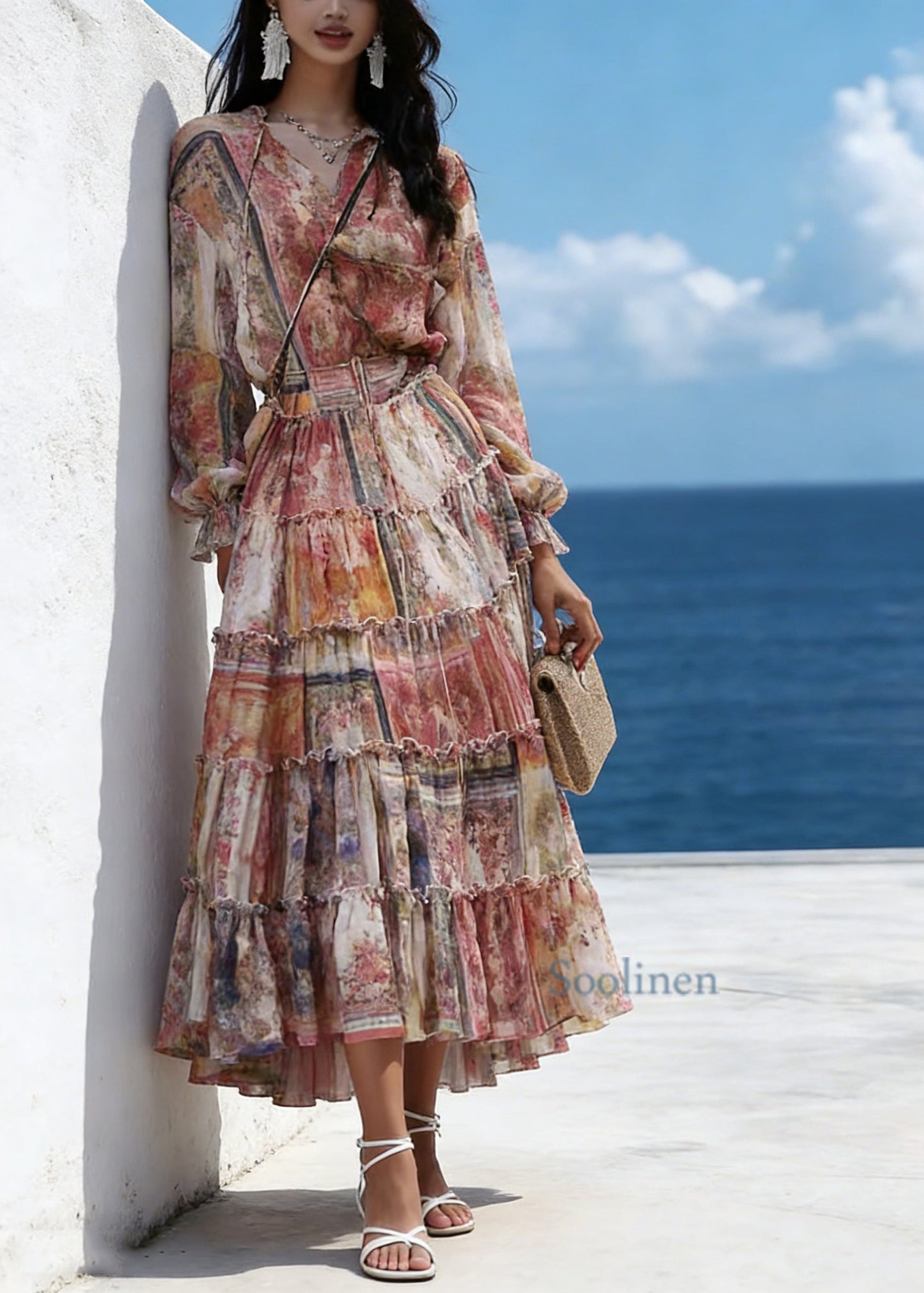 Fine Orange V Neck Print Tunic Chiffon Long Dresses Lantern Sleeve