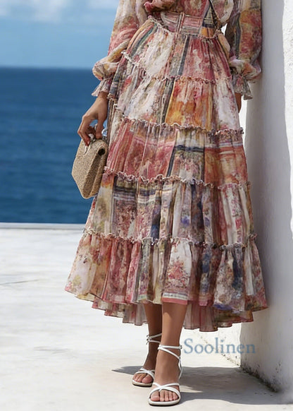 Fine Orange V Neck Print Tunic Chiffon Long Dresses Lantern Sleeve