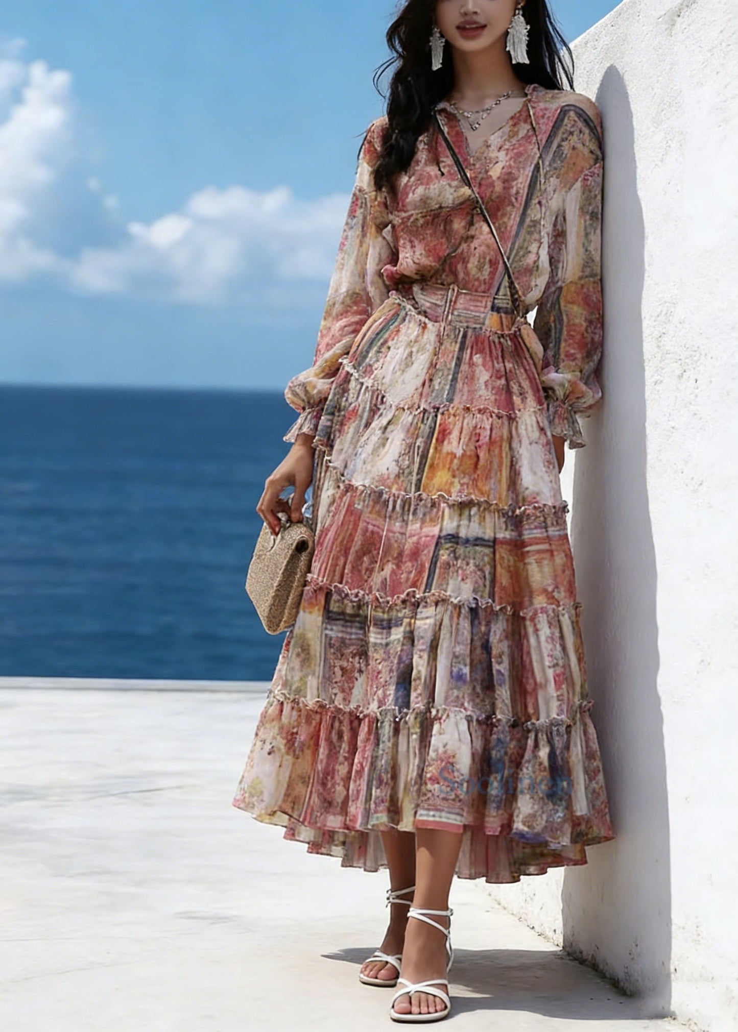 Fine Orange V Neck Print Tunic Chiffon Long Dresses Lantern Sleeve