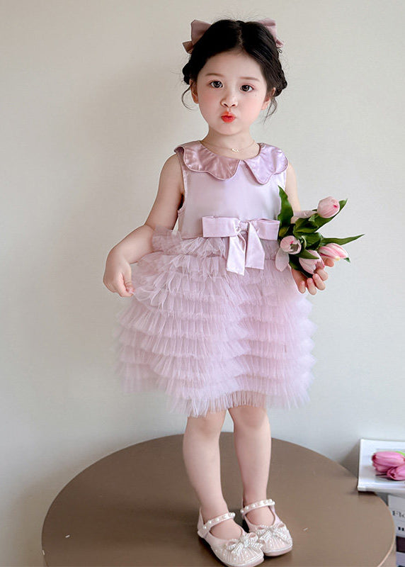 Fine Pink Bow Patchwork Tulle Baby Girls Vacation Dresses Summer