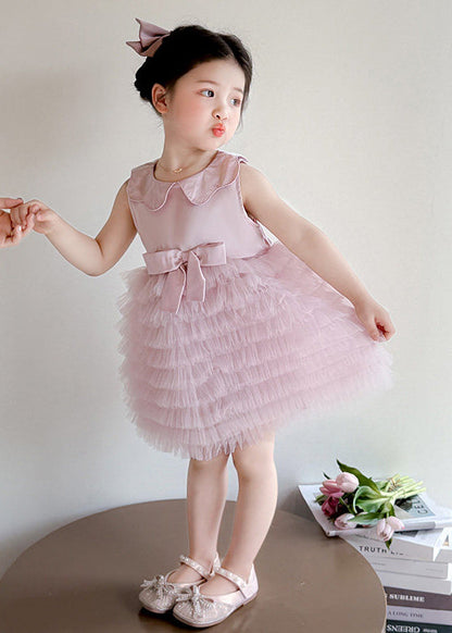 Fine Pink Bow Patchwork Tulle Baby Girls Vacation Dresses Summer
