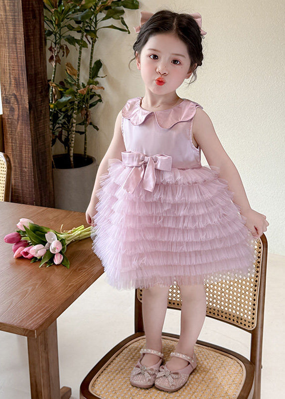Fine Pink Bow Patchwork Tulle Baby Girls Vacation Dresses Summer
