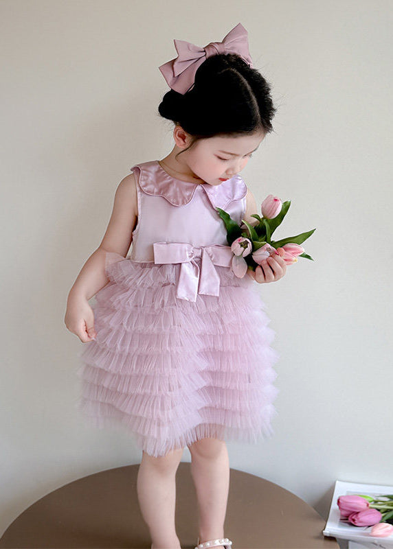 Fine Pink Bow Patchwork Tulle Baby Girls Vacation Dresses Summer