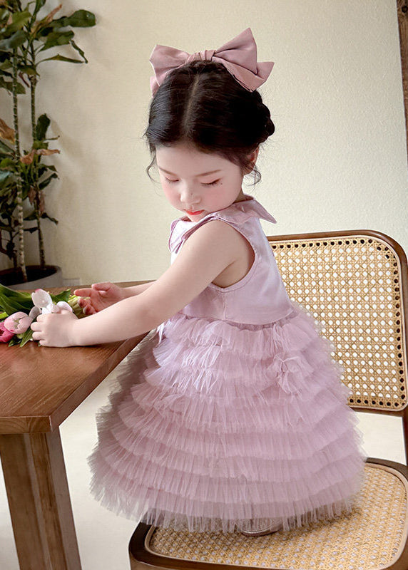Fine Pink Bow Patchwork Tulle Baby Girls Vacation Dresses Summer