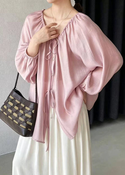 Fine Pink Drawstring Loose Cotton Shirts Top Summer