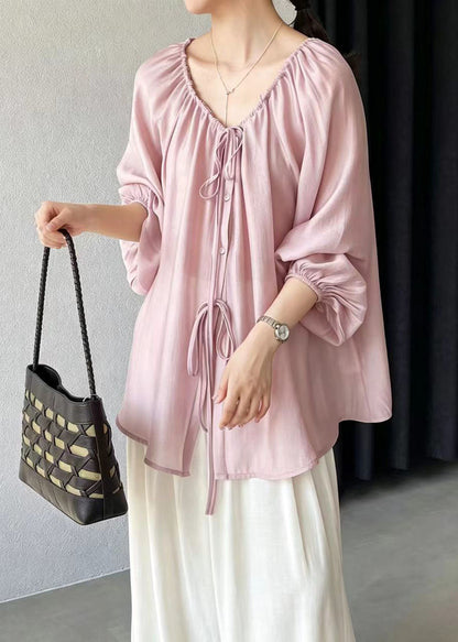 Fine Pink Drawstring Loose Cotton Shirts Top Summer
