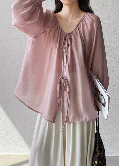 Fine Pink Drawstring Loose Cotton Shirts Top Summer