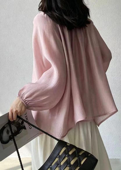 Fine Pink Drawstring Loose Cotton Shirts Top Summer
