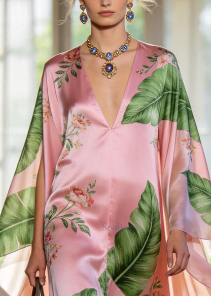 Fine Pink Oversized Print Exra Large Hem Silk Holiday Dress Summer