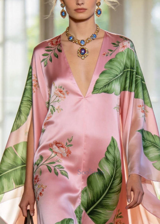 Fine Pink Oversized Print Exra Large Hem Silk Holiday Dress Summer