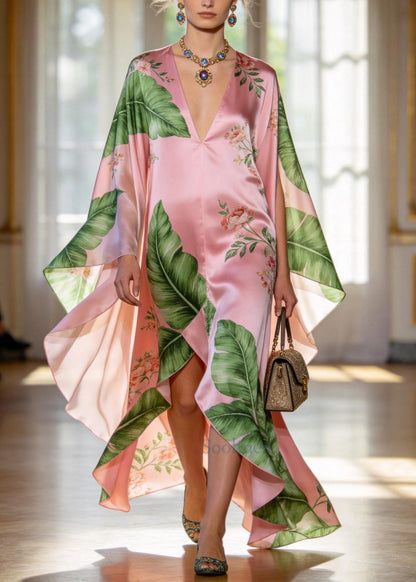 Fine Pink Oversized Print Exra Large Hem Silk Holiday Dress Summer