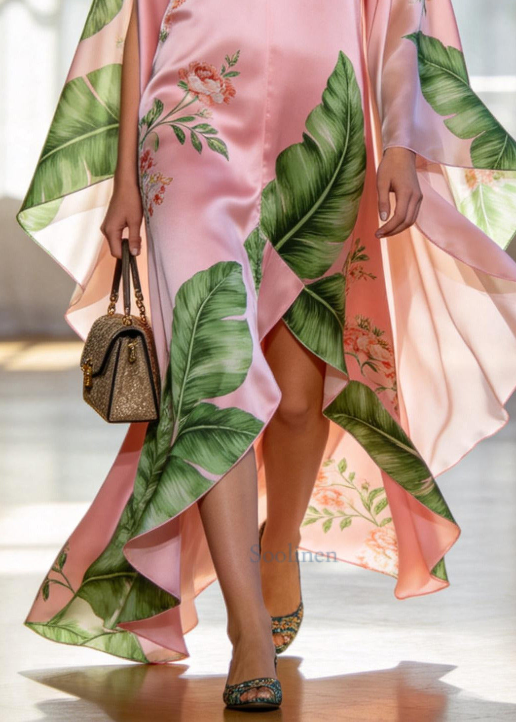 Fine Pink Oversized Print Exra Large Hem Silk Holiday Dress Summer