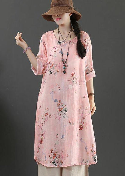 Fine Pink Print Pockets Long Linen Summer Blouse Tops - SooLinen