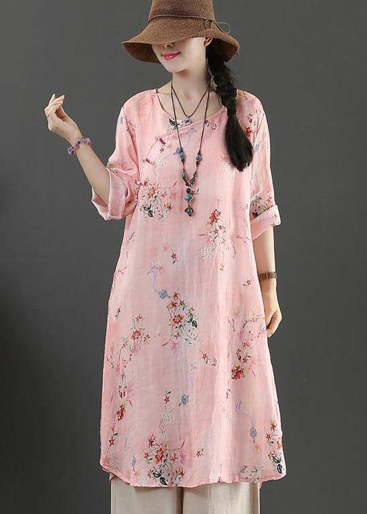 Fine Pink Print Pockets Long Linen Summer Blouse Tops - SooLinen