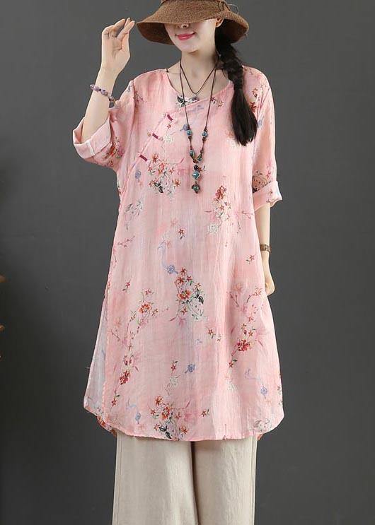 Fine Pink Print Pockets Long Linen Summer Blouse Tops - SooLinen