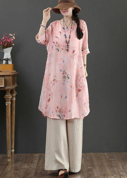 Fine Pink Print Pockets Long Linen Summer Blouse Tops - SooLinen