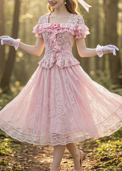 Fine Pink Ruffled Floral Lace Two Pieces Set Summer