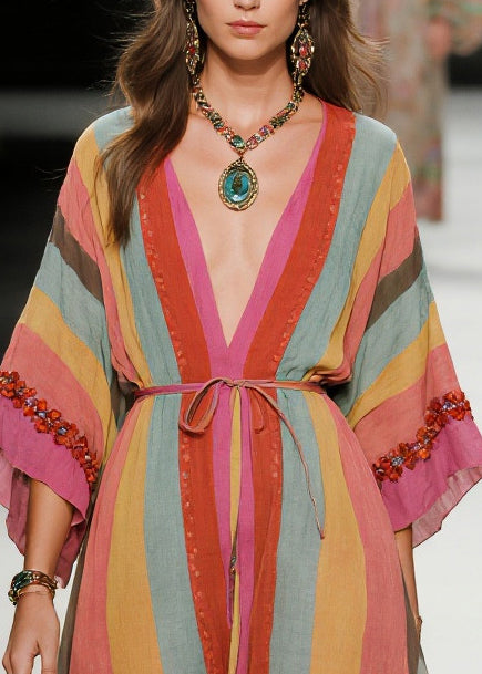 Fine Pink Ruffled Striped Cotton Tunic Dress Bracelet Sleeve