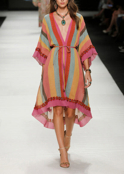 Fine Pink Ruffled Striped Cotton Tunic Dress Bracelet Sleeve