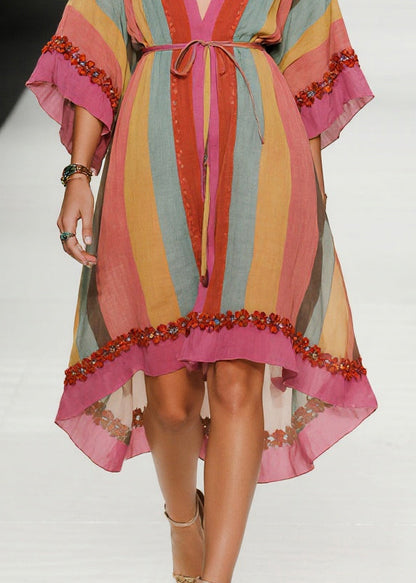 Fine Pink Ruffled Striped Cotton Tunic Dress Bracelet Sleeve