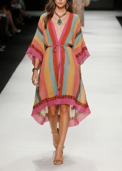 Fine Pink Ruffled Striped Cotton Tunic Dress Bracelet Sleeve