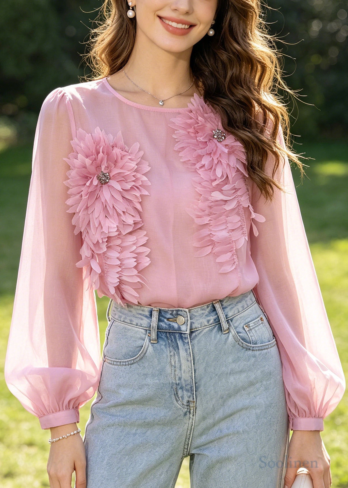 Fine Pink Scallop Trim Cotton UPF 50+ Blouses Summer