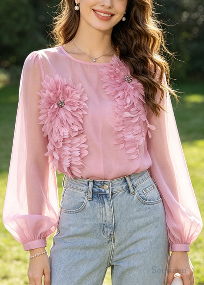 Fine Pink Scallop Trim Cotton UPF 50+ Blouses Summer